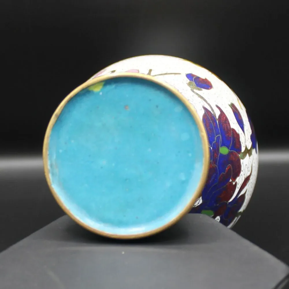 Vintage Brass Cloisonne Vase White Enamel Floral Butterfly w/ Blue Interior 7.5